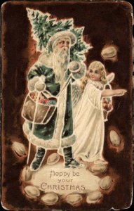 Christmas Santa Claus in Green Coat Angel Child c1910 Postcard