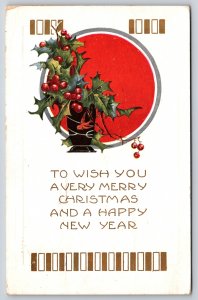 Christmas New Year~Art Deco~Vase Of Holly On Red Circle~Emb~Whitney Made~1920 PC