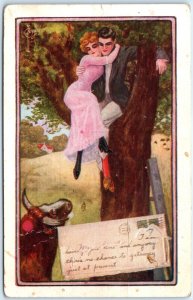c1910s Man in Tree Saves Woman from Bull Horns Letter Embossed Rare Postcard A90