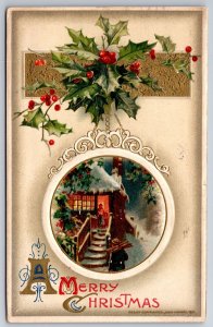 Christmas~Family Opens Door For Father~Steps Icy~Holly~Gold~Emb~1911 John Winsch