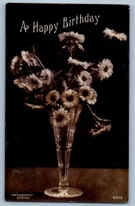 c1910's Birthday Still Life Art Flowers In Vase RPPC Photo Antique Postcard