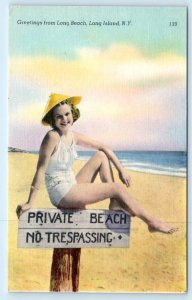 LONG BEACH, Long Island New York NY ~ BATHING BEAUTY 1940s Risque Linen Postcard