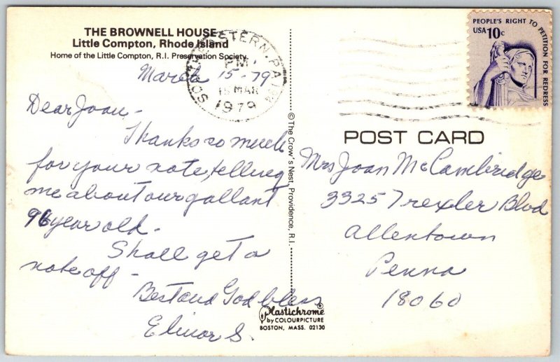 Little Compton Rhode Island 1979 Postcard The Brownell House