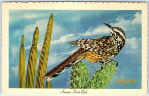 1967 AZ Arizona State Bird Cactus Wren Desert Scene Ken Haag Painting Art A334