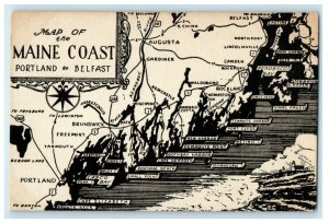 1947 Map of the Maine Coast Portland to Belfast Vintage Unposted Postcard