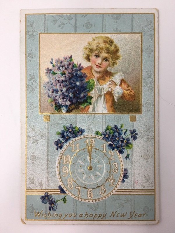 c. 1910 Raphael Tuck New Year Postcard Girl Flowers Clock Embossed