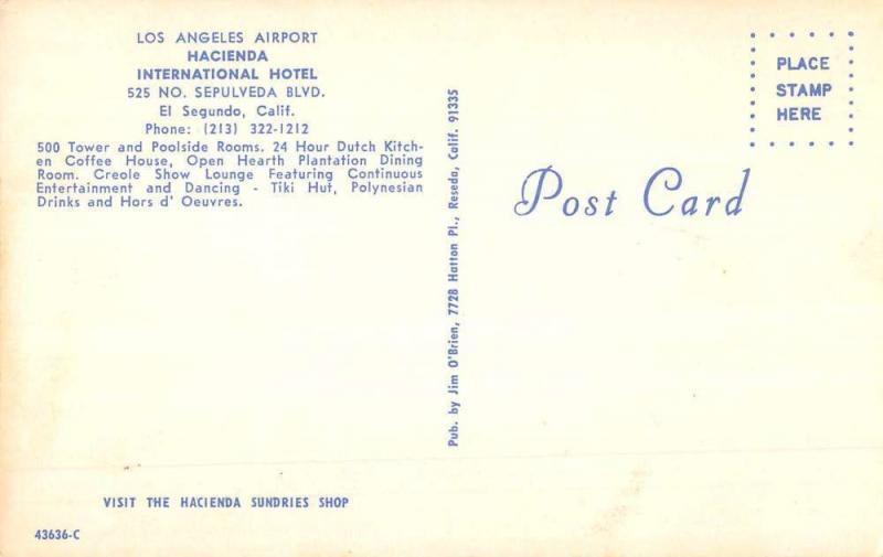 El Segundo California LAX Airport Hacienda Hotel Vintage Postcard K55792