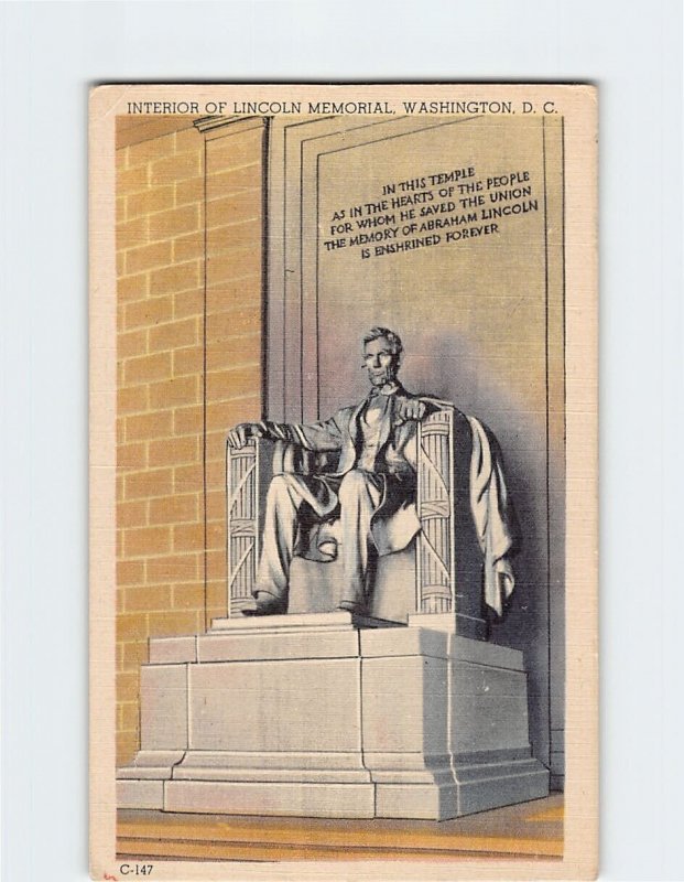 Postcard Interior Of Lincoln Memorial, Washington, District of Columbia