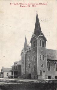 Steger Illinois~Evangelical Lutheran Church-Rectory-School~1914 B&W Postcard