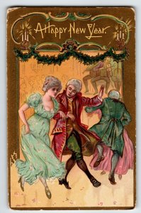 New Year Postcard Victorian Man Women Dancers Embossed 1908 Series 1 Vintage