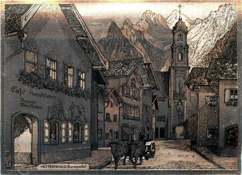 Germany Mittenwald Obermarkt Cafe Karwendel silver postcard