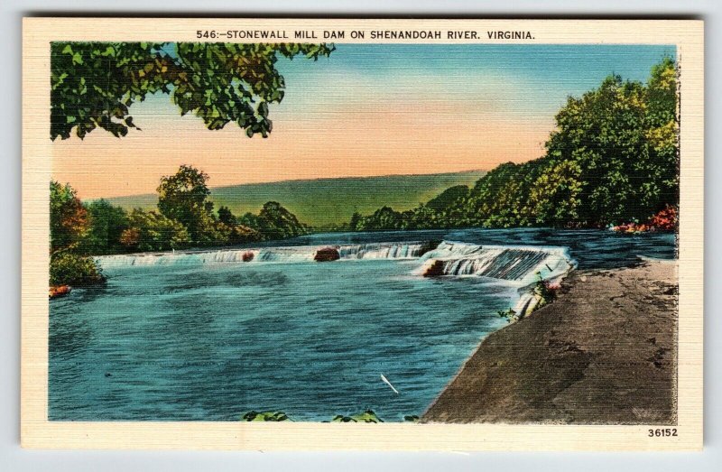 Stonewall Mill Dam Shenandoah River Virginia Postcard Linen Unposted Vintage VA