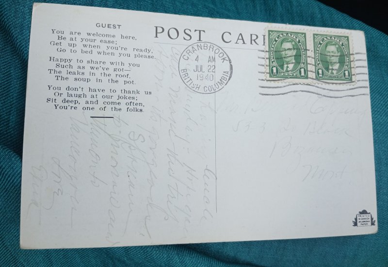 Vintage 1940 CANADA POSTCARD Radium Hot Springs, British Columbia w/ Stamps