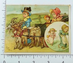 1880's-90's Victorian Trade Card Goats Pulling Wagon Boy Blue Coat & Girls P62