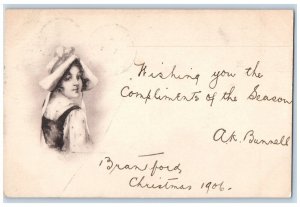 1906 Christmas Pretty Victorian Girl Brandford Ontario Canada Antique  Postcard 