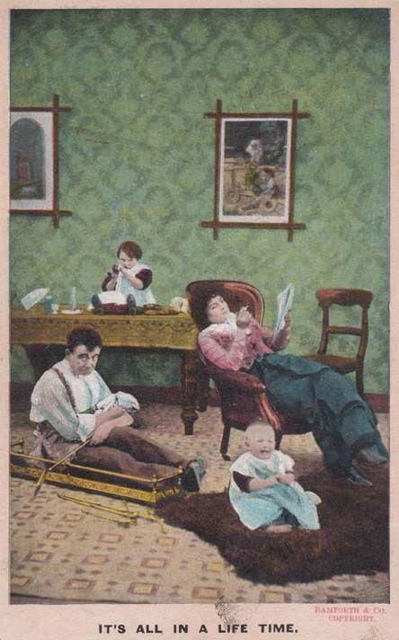 Child On Table Women Newspaper Smoking Lifetime Baby Crying Antique Old Postcard