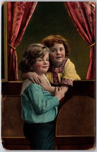 Bestfriends Hugging In Window Victorian Children Posted Postcard
