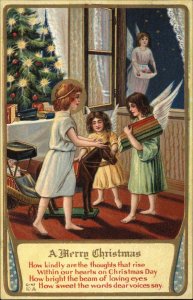 Christmas Angels Bring Toy Horse and Books to Child c1910 Vintage Postcard