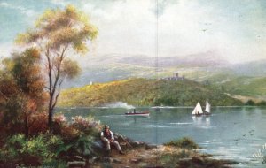 Vintage Postcard Windmere Picturesque Lake Sailboats Mountain Oilette Raphael