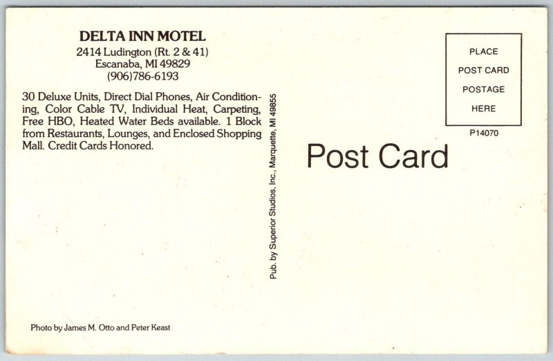 Escanaba Michigan 1970s Postcard Delta Inn Motel Canda Flag