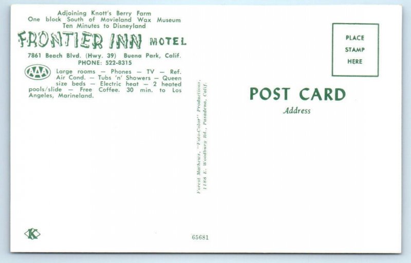 BUENA PARK, California CA ~ Roadside FRONTIER INN MOTEL c1960s  Postcard