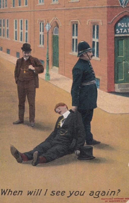 Police Policeman Arresting Drunk Man Outside Police Station Old Comic Postcard