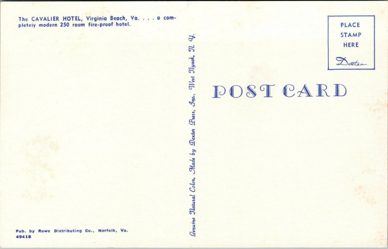 Vtg The Cavalier Hotel Virginia Beach Virginia VA Unsed Chrome Postcard