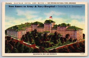 Hot Springs Natl Park Arkansas~Eastman Hotel~Birds Eye View~Flags~Linen 1945 PC
