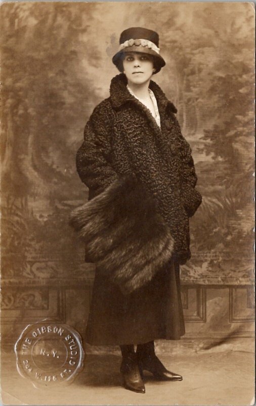 Pretty Women Large Hand Muff Hat Wooly Coat RPPC Gibson Studio NY Postcard B22