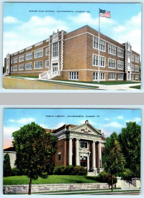 2 Postcards LEAVENWORTH, Kansas KS ~ ;HIGH SCHOOL, Public Library c1940s Linen