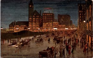 Postcard Night View of Michigan Boulevard in Chicago, Illinois