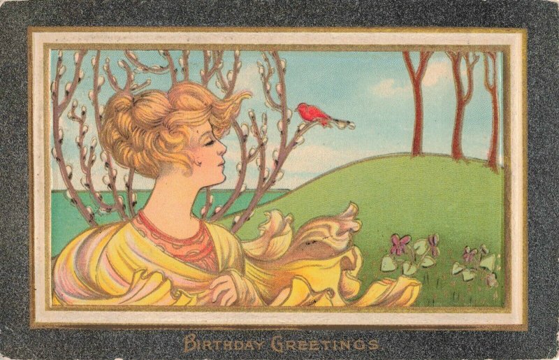 Circa 1907-15 Gilded Framed Woman Summer Breeze Birthday Postcard 2T5-359