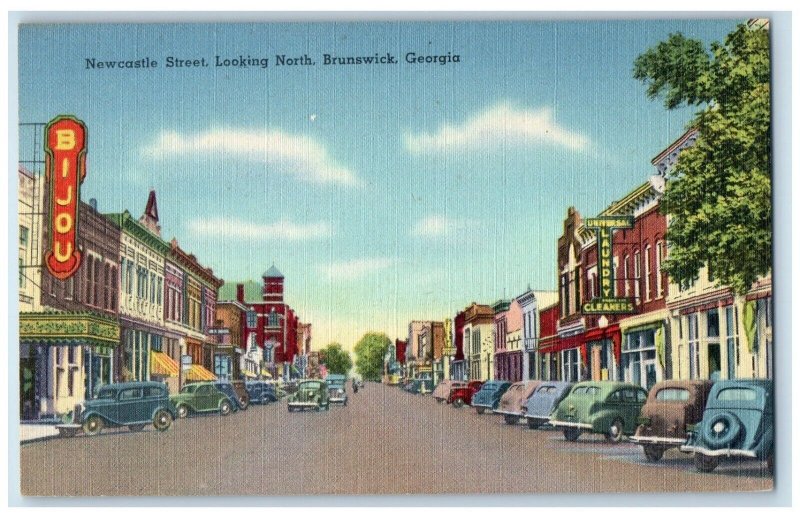 Brunswick Georgia Postcard Newcastle Street Looking North Exterior Building 1940
