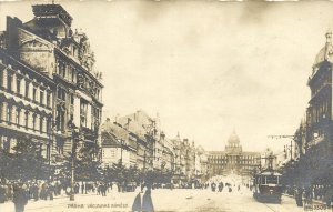 czech, PRAGUE PRAHA, Václavské Náměstí, Square with Tram (1920s) RPPC Postcard