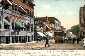 Council Bluffs Iowa Broadway & Pearl Trolley Shops c1900-20s Vintage Postcard