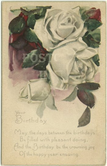 Antique Postcard - White Rose - Birthday Card Series - Artist signed Lyman Powel