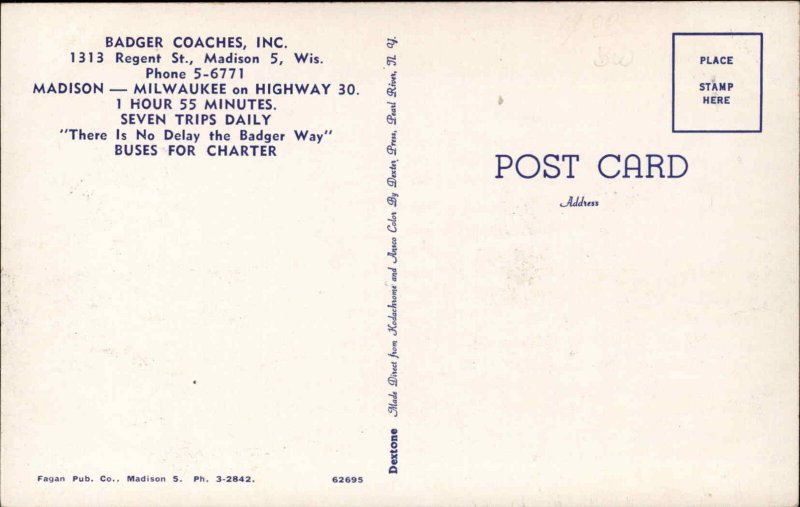 Madison WI Badger Coaches Bus c1950 Art Deco Postcard 