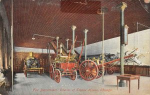 FIRE DEPARTMENT INTERIOR OF ENGINE HOUSE CHICAGO ILLINOIS POSTCARD 1910