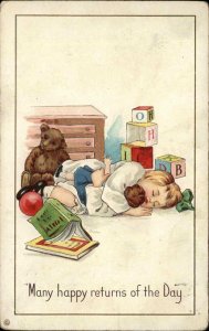 Christmas Girl Napping Dolly Blocks Teddy Bear Stecher 315B c1910 Postcard