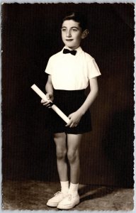 Young Boy Holding A Certificate Handsome Real Photo RPPC Postcard