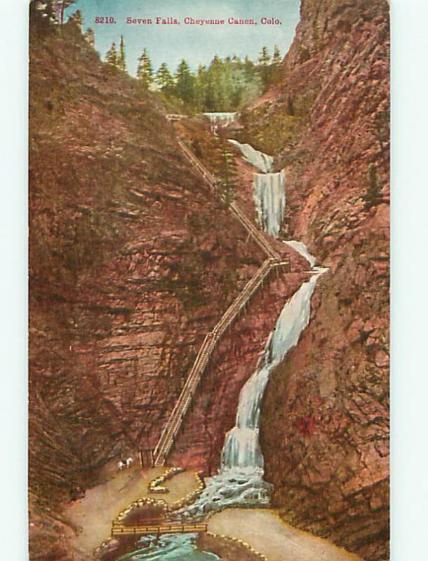 Cheyenne CO Seven Falls Stairs Catwalk For People Viewers Postcard # 5553