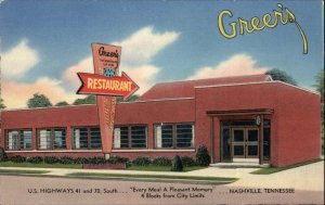 Nashville Tennessee TN Greer's Restaurant Vintage Postcard