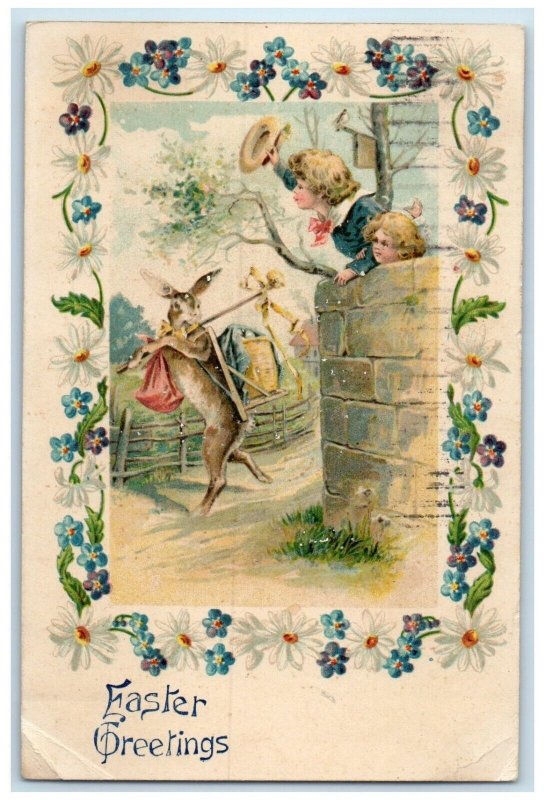 1909 Easter Greetings Anthropomorphic Rabbit Children Daisy Hammond IN Postcard