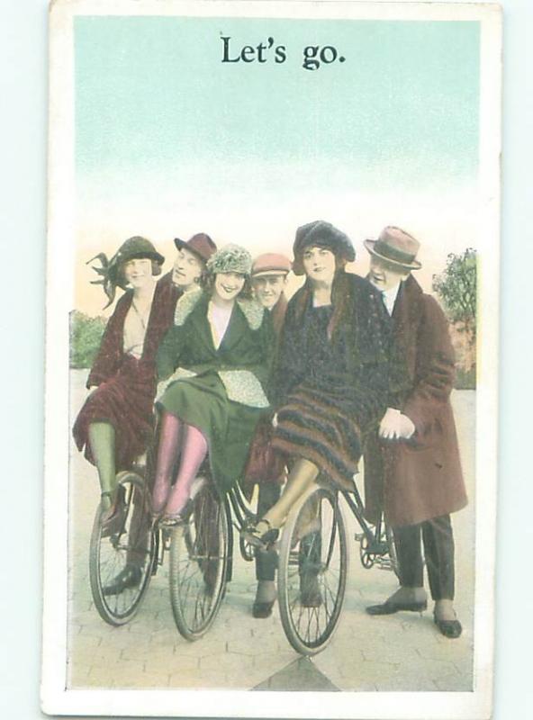 Pre-Linen MANY PEOPLE RIDING ON ANTIQUE BICYCLES AC4551