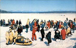 Michigan Snowmobilers Race Prep Winter Sport c1950-60s Vintage Postcard