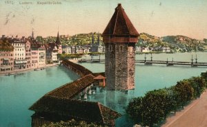 Switzerland, 1910 Luzern Kapelibrucke Scene, Chapel Bridge, Vintage Postcard