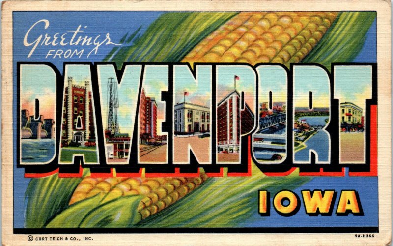 1940s Large Letter Greetings from Davenport Iowa Linen Postcard