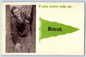 Detroit Michigan Postcard Pennant Man Sitting Tree Exterior 1910 Vintage Antique