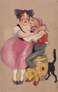 Voluptuous Woman hugging skinny man sitting on keg, Dog's tail, PU-1908