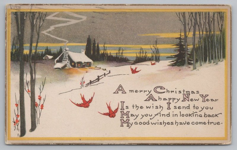 Christmas~Art Deco~Cabin In The Snow~Smoke Circles~Red Birds~Gold Edge~1927 PC 